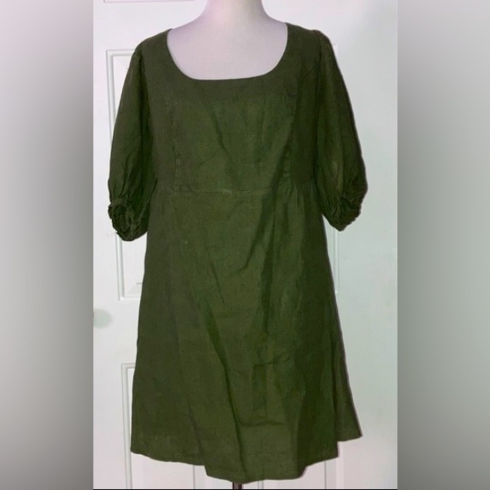 Linen Handmade Studio 100% Linen Forest Green Puff Sleeve Dress 14 Aurora